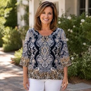 JM Collection Blouse Women 1X Navy Paisley Leopard Print 3/4 Bell Sleeve Top